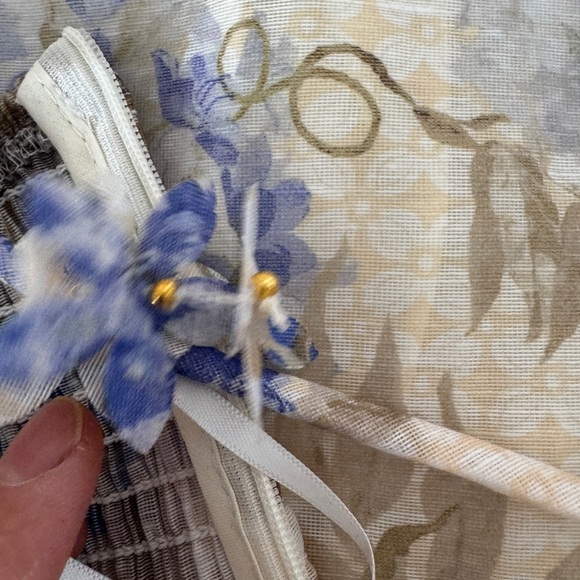 Designer-Style Floral Picnic Blue and Cream Midi Dress with Tie Straps - Picture 6 of 12